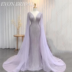 EVON BRIDAL 스파클링 스팽글 럭셔리 두바이 이브닝 드레스, 케이프 인어 라벤더, 긴 웨딩 파티 가운, 2024