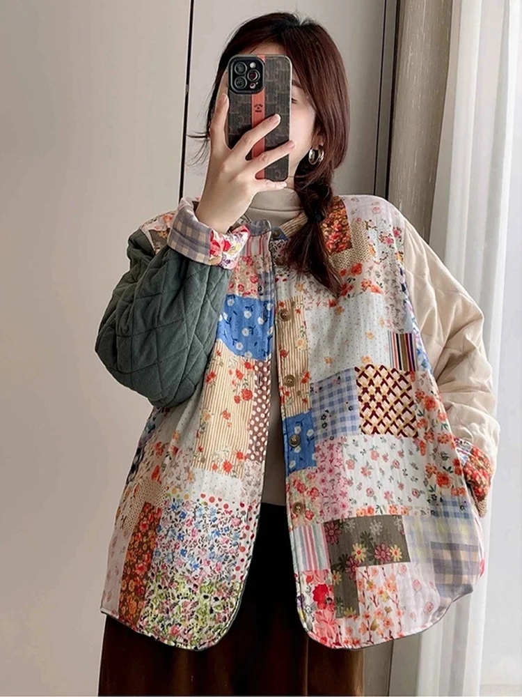 

Модная свободная женская хлопковая куртка 2025 года, новая зимняя коллекция, двусторонняя, с цветочным принтом, в этническом стиле, с хлопковым наполнителем, верхняя одежда