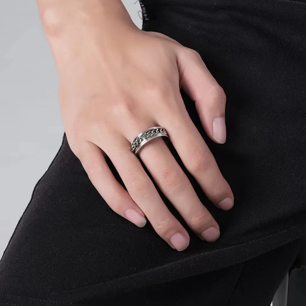 Anxiety Fidget Spinner Rings for Men Stainless Steel Spinning Rotatable Cuban Chain Ring for Women Punk Rock Anti Stress Jewelry