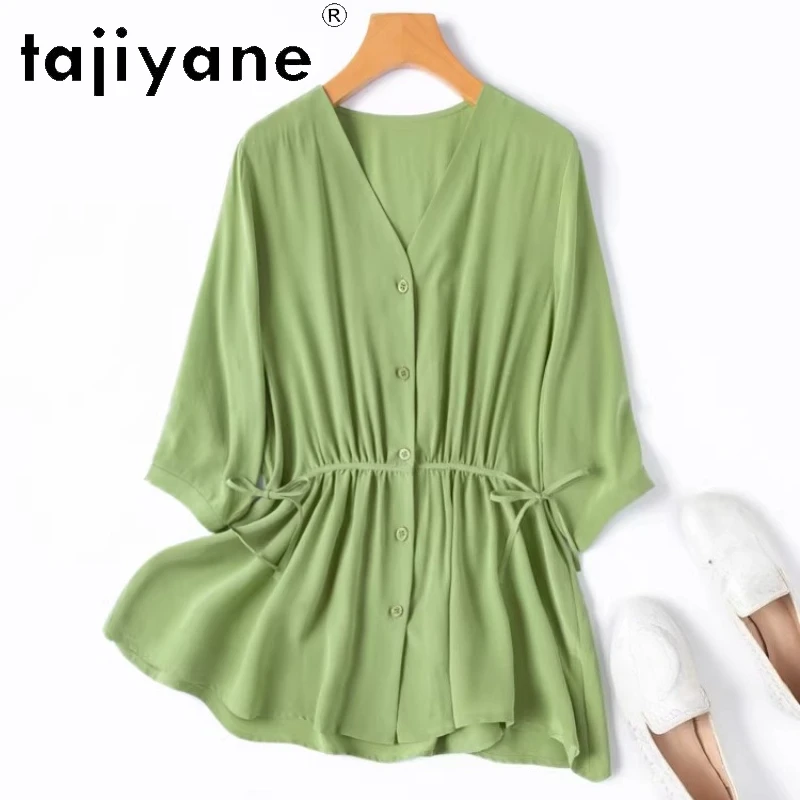 

TAJIYANE 100% натуральная шелковая блузка из тутового шелкопряда для женщин, с V-образным вырезом, зеленая, приталенная, элегантный летний топ 2026, женская одежда, рубашки