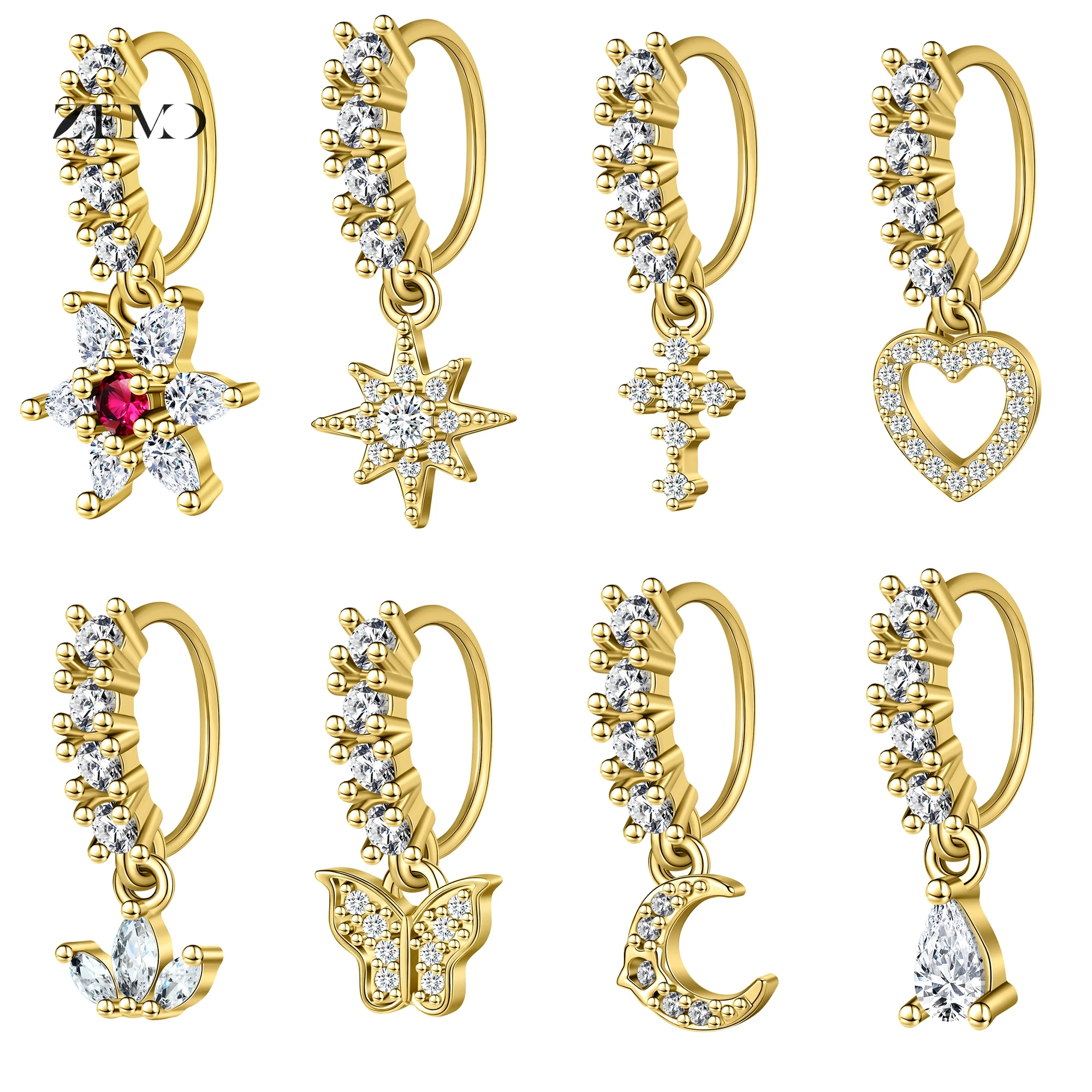 

ZEMO 8pcs/lot CZ Crystal Pendant Hoop Nose Ring For Women Girl Heart Star Moon Nostril Piercing Helix Cartilage Earrings Jewelry