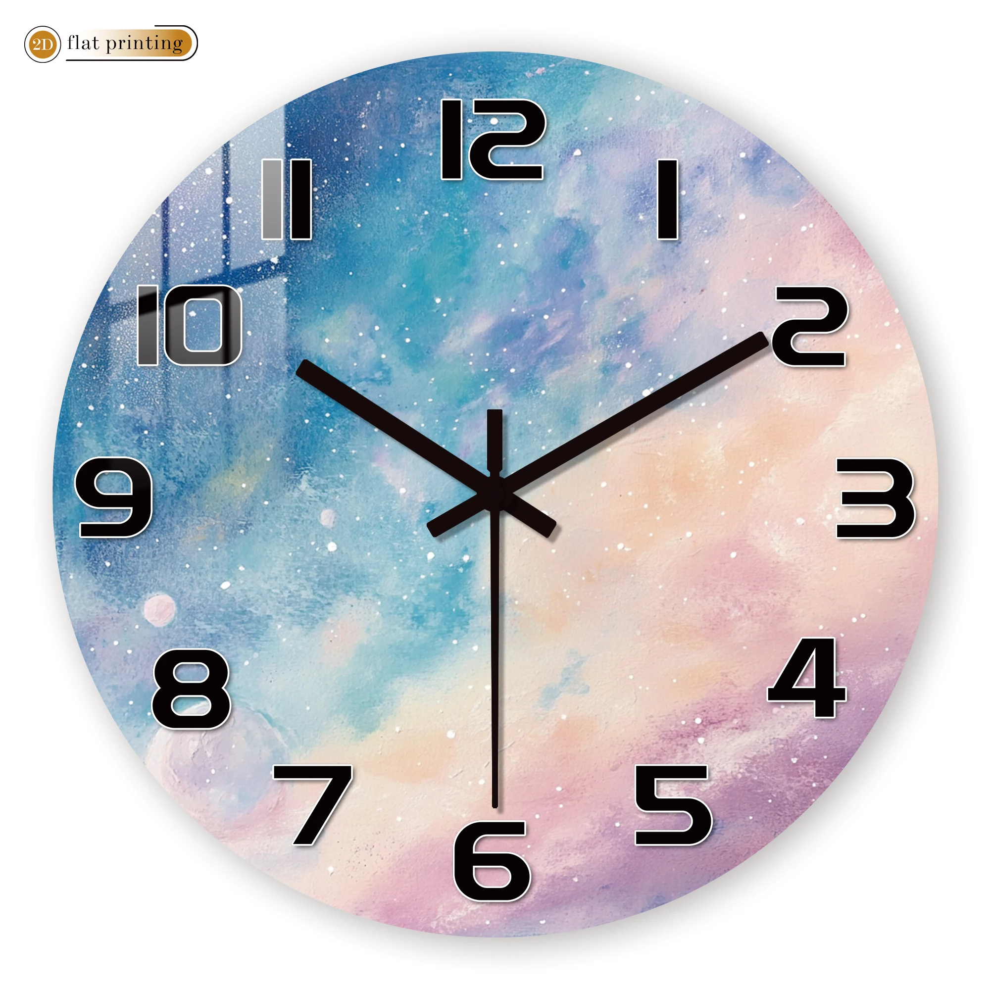 Pastel Galaxy Watercolor Wall Clock - Vibrant Blue Pink Nebula 2D Flat Printed Decor - Silent Non-Ticking Round Timepiece