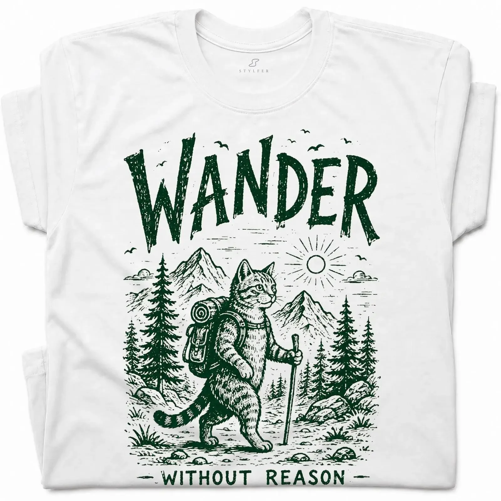 Cat Hiker Backpack Wander Without Reason T Shirt Funny Adventure Vintage Camping vintage Washed Versatile homme Soft