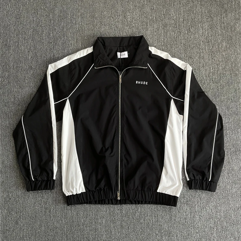 Autumn/Winter High Quality Rhude Jacket Windbreaker Patchwork Tracksuit Embroidery Pattern Drawstring Sweatpants