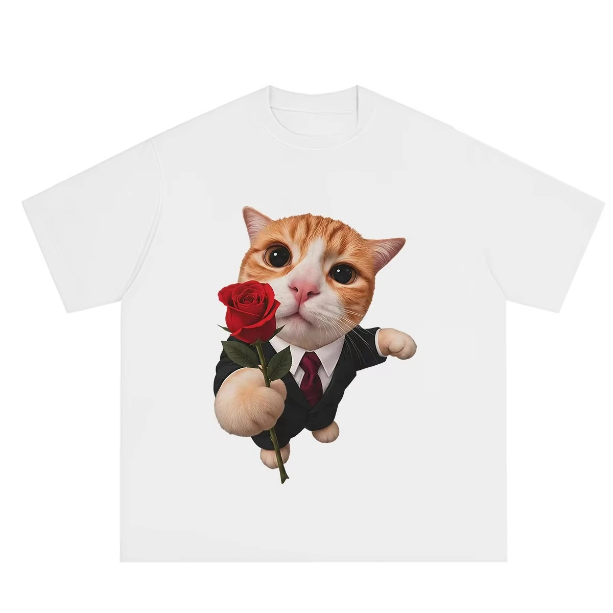 2026 New Funny Romantic Cat with Rose Cute Cat Graphic T-Shirt Men Women Aesthetic Trend T-shirt Summer Loose