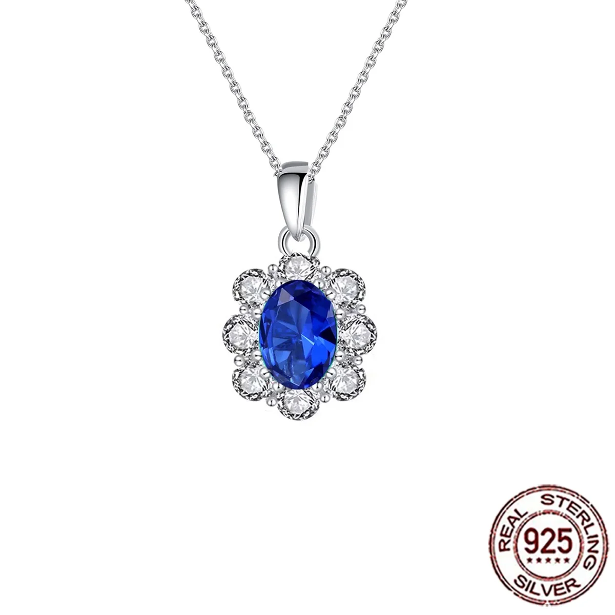 QooLady S925 Sterling Silver Sunflower Halo Oval Royal Blue CZ Pendant Necklace For Women Fine Jewelry Party Wedding Gift  SD096
