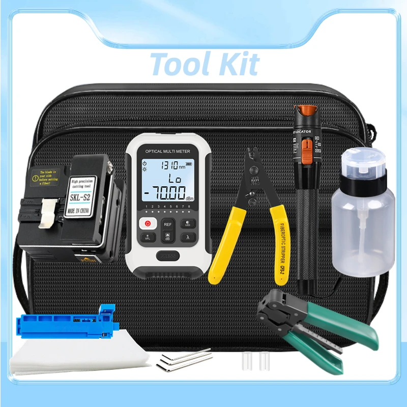 

Fiber Optic Tool Kit with AUA-6S Fiber Cleaver -70~+10dBm Mini Optical Power Meter Tester 10mw Visual Fault Locator