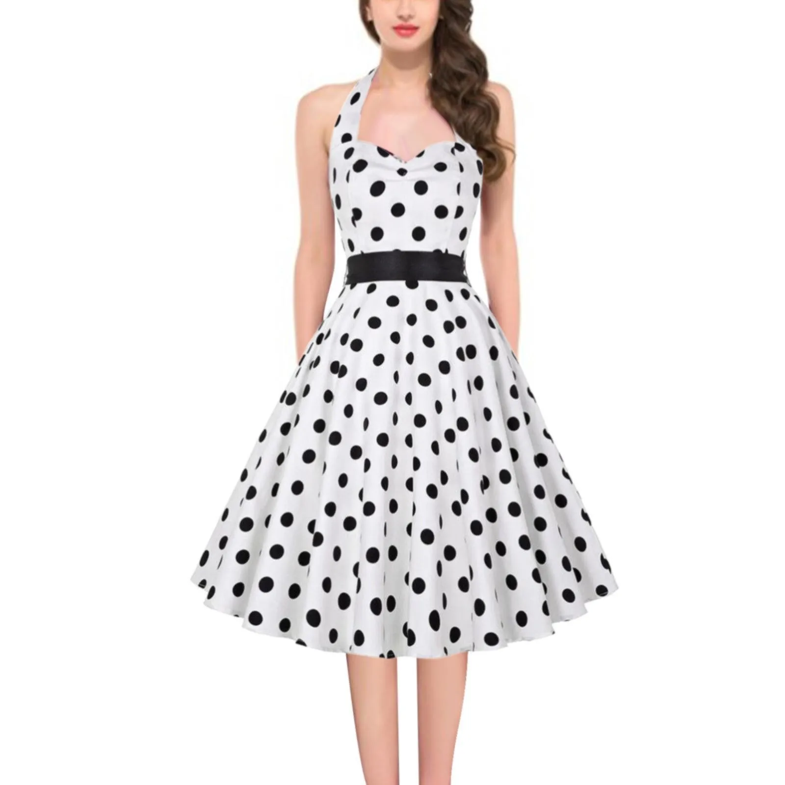 Vintage Polka Dot A-Line Dress Summer Women Sexy Halter Backless Low Cut Party Dress 50s 60s Retro Pin Up Rockabilly Swing Dress