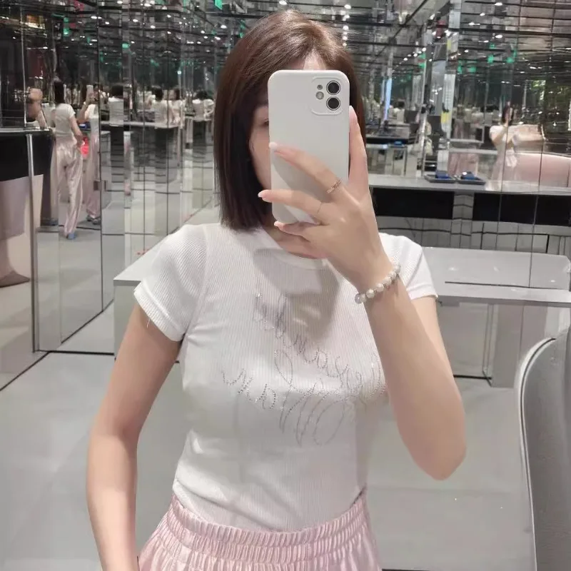 

2024 Summer Crystal Hot Diamond Slimming Short Sleeve Short T-shirt Woman