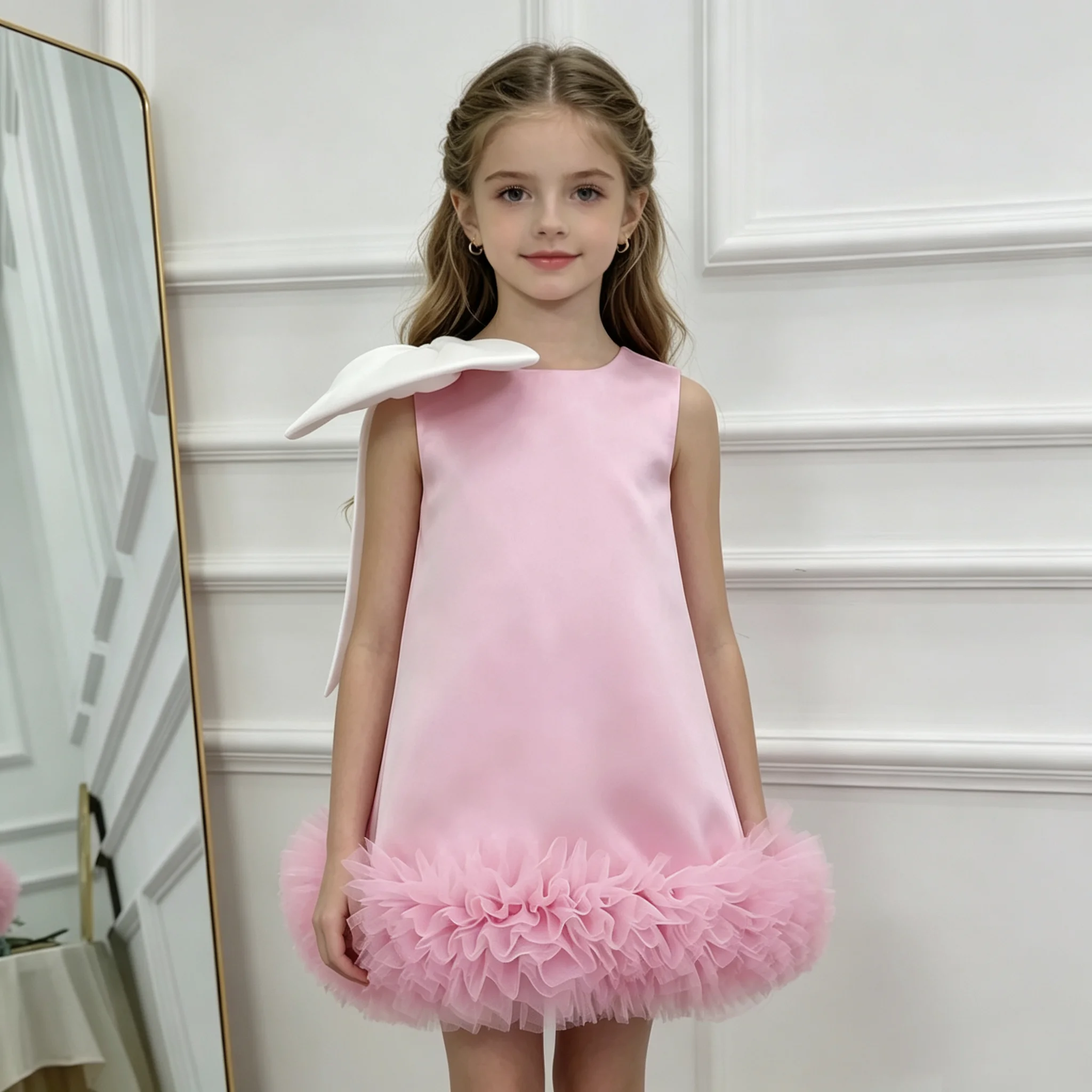 Pink Satin Flower Girl Dress With Bow Fashion Baptism Wedding Girls Dress Toddler Pageant Formal Prom Dress  Elegant Birthday Pa