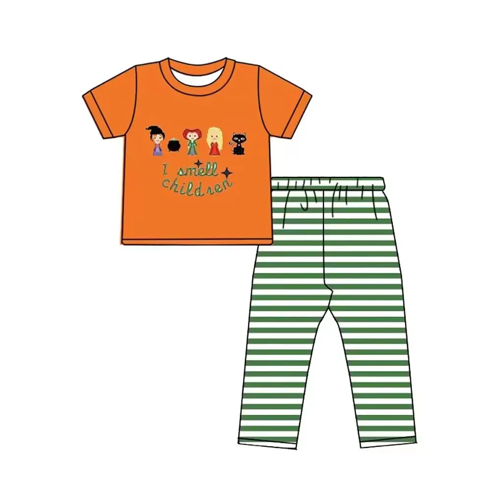 Halloween New Girl Suit Cartoon Print Orange Short-sleeved Striped Pants 2-piece Set Infants Cute Outfit Sibling Matching Suit