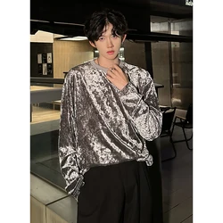 men vintage velvet long sleeve t shirt Crew neck hip hop casual tees tops man autumn harajuku velour streetwear camisetas