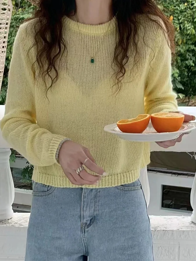 เสื้อถักทรงหลวม แขนยาว คอกลม แฟชั่นสำหรับผู้หญิง ไซส์เล็ก ใส่สบาย รุ่นใหม่ล่าสุดสำหรับฤดูใบไม้ร่วง