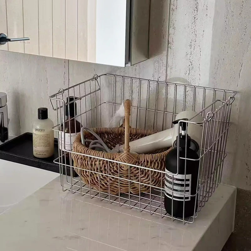 Stainless Steel 304 Kitchen Fruit Vegetable Storage Basket with Handle Bathroom Dirty Clothes Basket Living Room Snack Basket