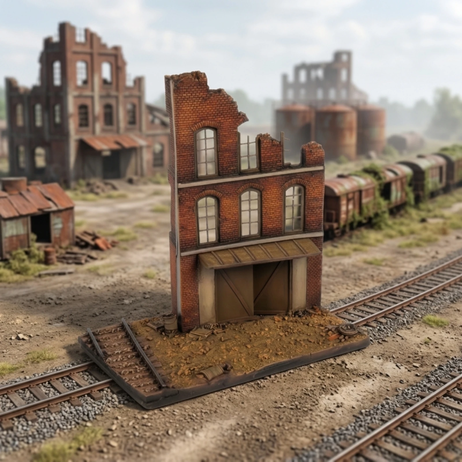 Factory Facade with Base Paint-Ready Industrial Ruins Base Miniature Terrain Compact for Modelers, Tabletop Gaming
