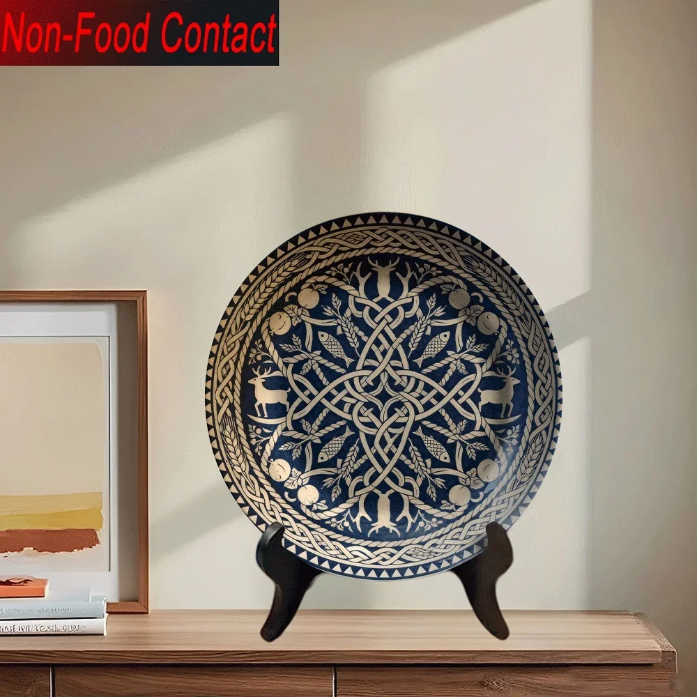1pc Celtic Knot & Deer Design Ceramic Decorative Plate - Deep Blue & Golden Round Wall/Tabletop Decor, Non-Food Contact,