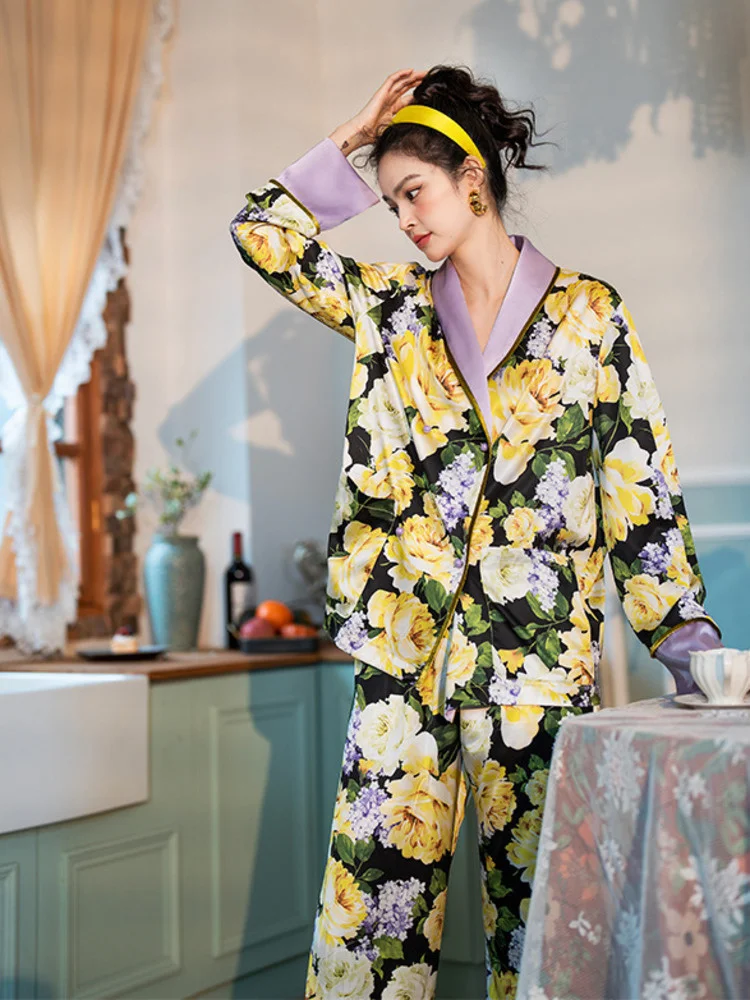 TXii Flower Lapel Long Sleeve Pajamas Suit Spring and Autumn High-end Sense Classical Luxury Outfit