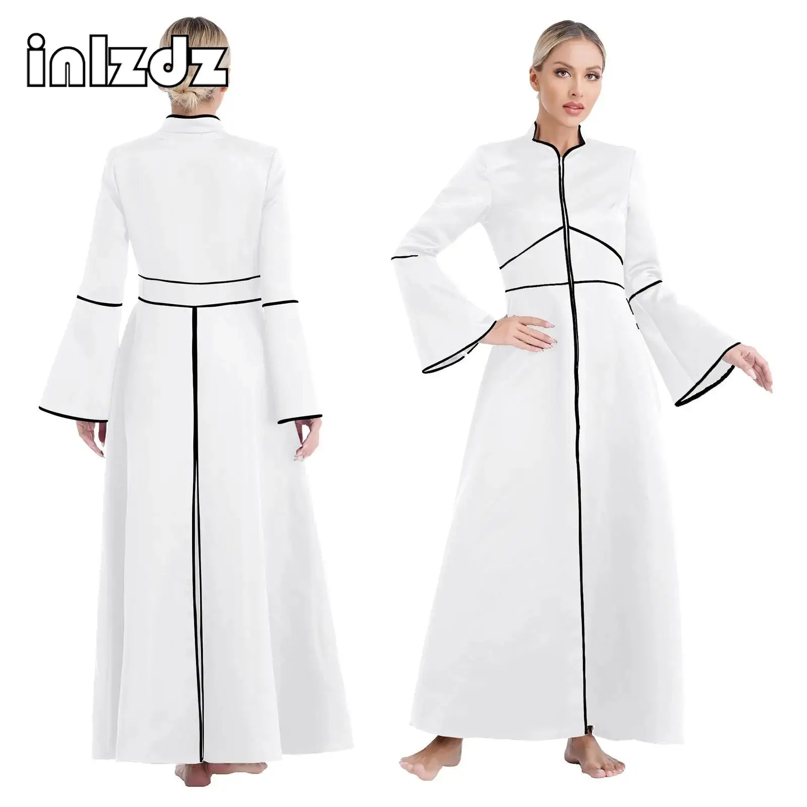 Womens Clergy Robe Loose Fit Flared Sleeves Minister Choir Robe A-line Maxi Dress Halloween Theme Party Role Play Pastor Costume