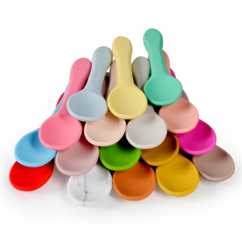 2020 New Solid Color Silicone Spoon Heat Resistant Long Handle Tea Spoons Tableware Baby Learning Spoon Feeding Tool