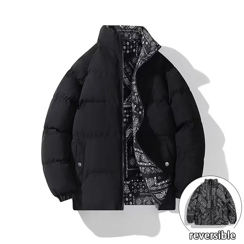 Double-Sided Wear Thickened Cotton Jacket for Men Women Stand Collar Warm Casual Loose Fit Winter Couple Windproof Bread Jacket