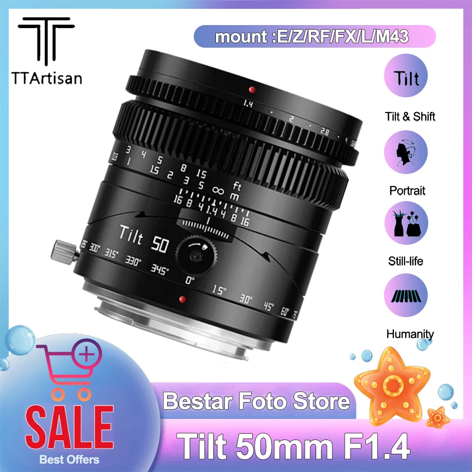 

TTArtisan 50mm F1.4 Tilt and Shift Lens Full Frame MF Portrait Lens for Olympus EPM1 Nikon Z50 Canon RP Fuji X-T2 Leica T Sony