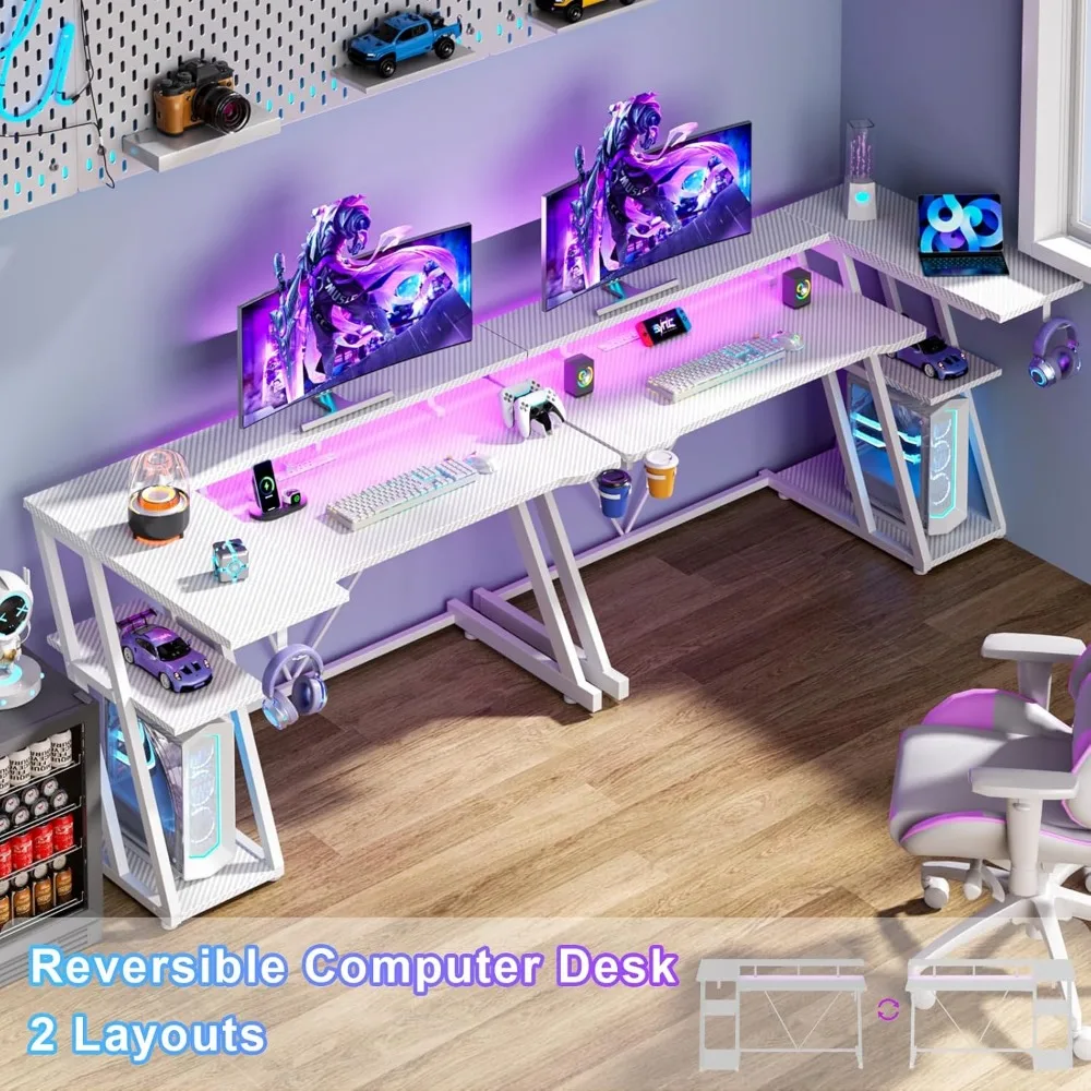 L-Shaped Gaming Desk with LED Lights and 3-Tier Storage, 47 Inch White Corner Computer Desk with Power Outlet