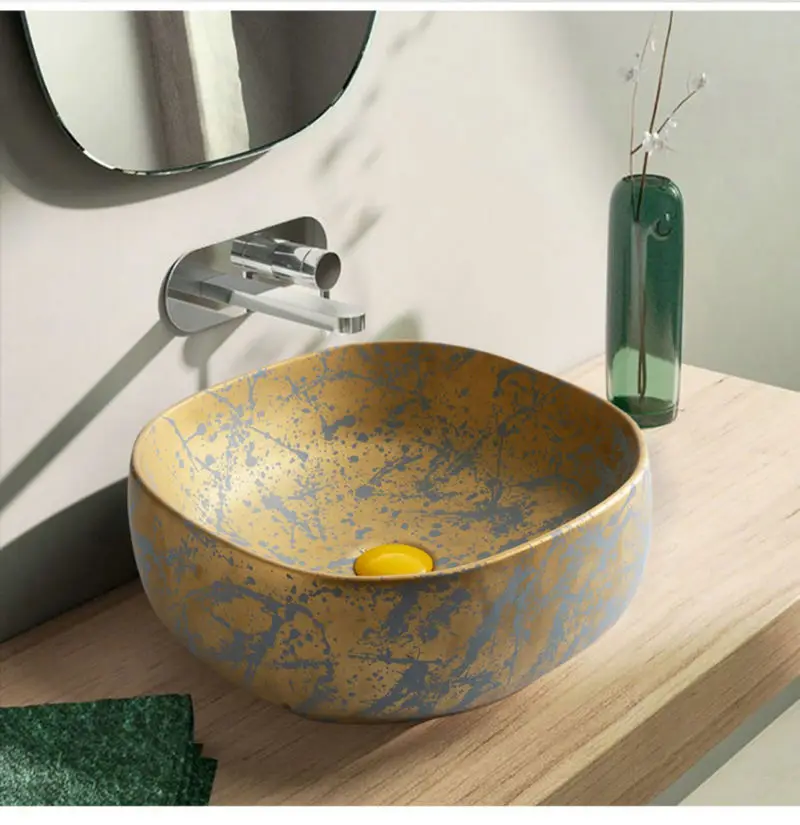 

Nordic retro ceramic countertop basin, industrial design gold square washbasin, beautiful and stylish ceramic washbasin YX529GA