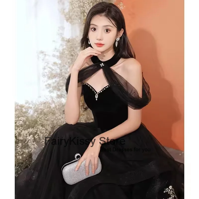 FairyKissy Neckholder, schulterfreies Abendkleid, sexy, trägerlos, Kristall-Pailletten, A-Linie, Kuchenkleid, Tüll, bodenlang, Partykleider
