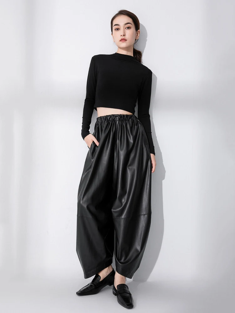 XITAO Pu Wide Leg Pants Black Casual Women Ankle Length Pants 2023 Autumn Winter Loose Fashion Solid Color All-match New ZZ0104