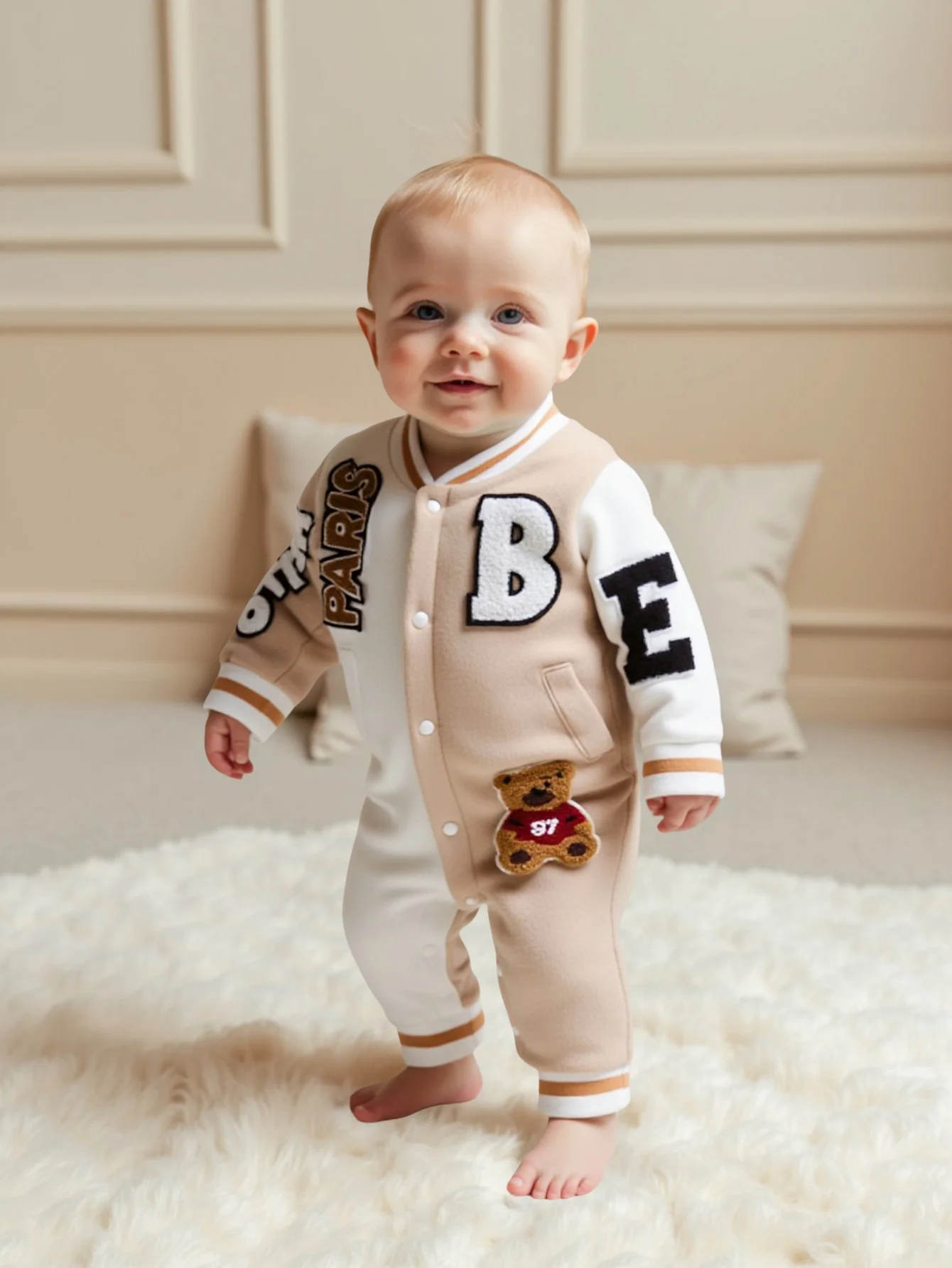 

Autumn and winter baby boy fashion personality three-dimensional letter seal embroidery suede fabric jumpsuit