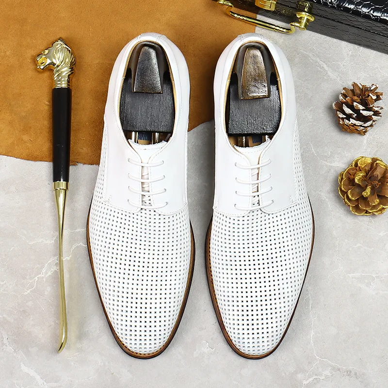 New White Hollow Soft Sole Soft Surface Genuine Leather Oxford Shoes Men's Mesh Breathable Shallow Lace-Up Casual Leather Shoes