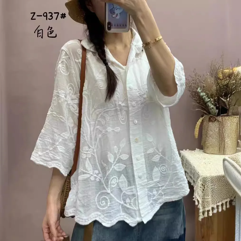 New Summer Cotton Half Sleeve Shirt Turn-down Collar Embroidery Tops Girl Casual Loose Fashion OL Blouse 2024 Autumn T47136QM