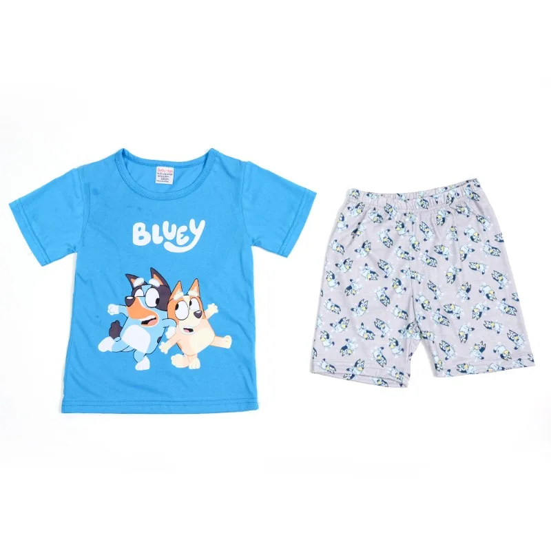 เสื้อยืดพิมพ์ลายบลูอี้สำหรับเด็กผู้ชาย เสื้อยืดแฟชั่นเรียบง่าย กางเกงขาสั้น ชุดใหม่ เสื้อแทรคสูท เสื้อแขนสั้น กางเกงขาสั้นสำหรับเด็ก