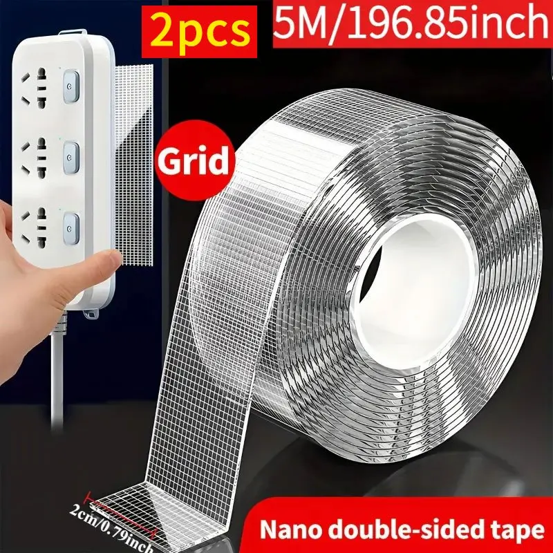2 Rolls Industrial Nano Grid Double-Sided Tape - 5M Removable No-Trace, PET Transparent Reusable