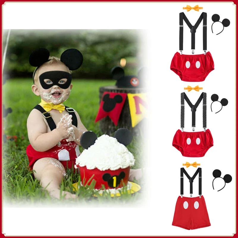 Baby Cash Outfit Infant Mickey Cosplay Costume 1st Birthday Party Suspenders+shorts+bowtie+cap Newborn Photograph PP Pants Set