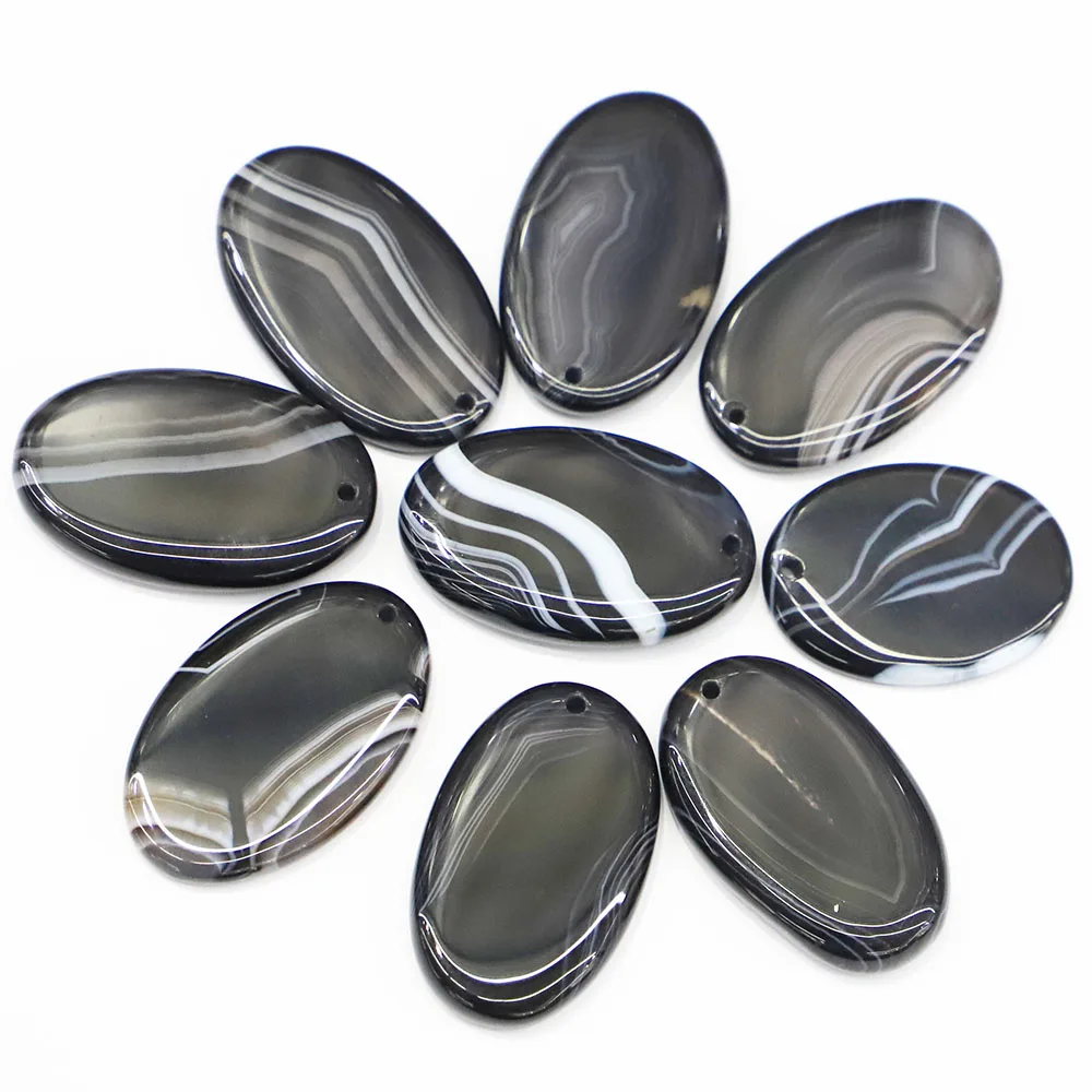 HOT Quality Natural Stone Black Onyx Oval Necklace Pendants Charms Agate Diy Fashion Jewelry Accessories Making Wholesale 12Pcs