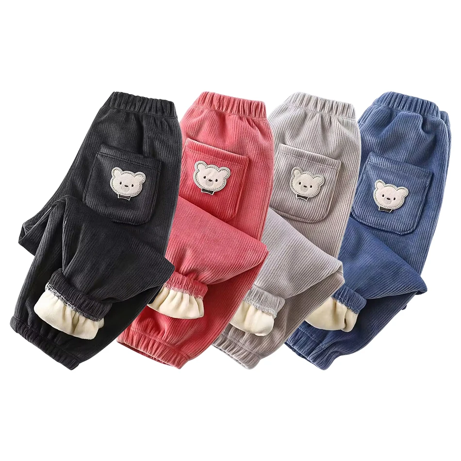 Stylish Kids Corduroy Warmth Pants with Fleece Lining and Pocket Cute Bear Embroidery Suitable Unisex Children Autumn and Winter