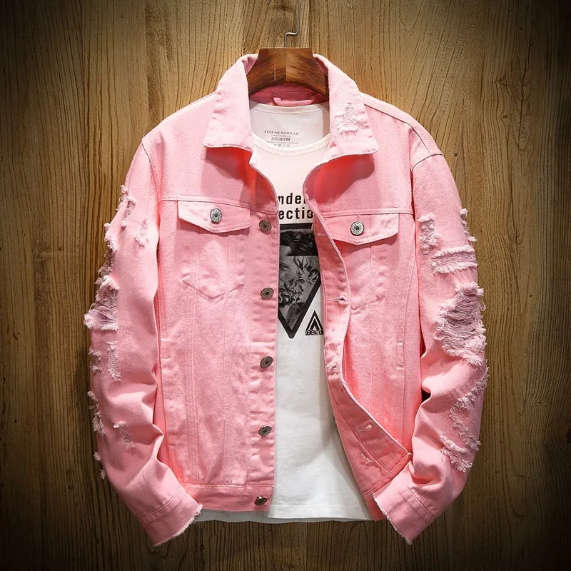 S-3XL Fashion Denim Jacket Men Ripped Holes Mens Pink black Jean Jackets Garment Washed Mens Denim Coat