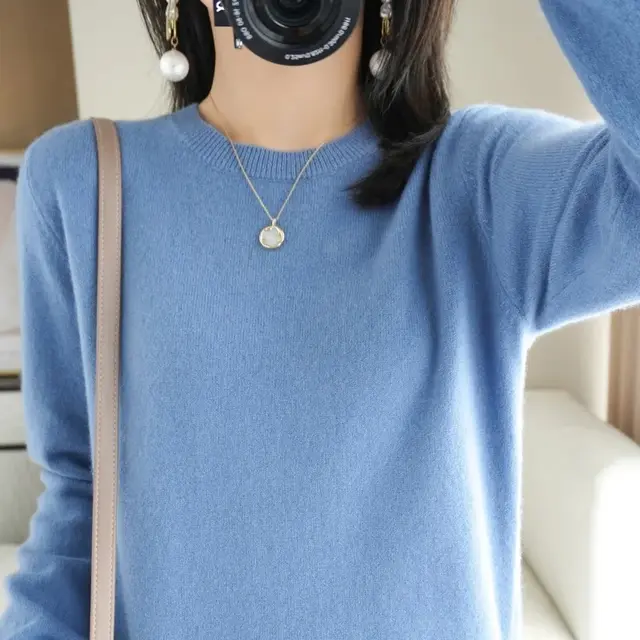 Damski sweter z okrągłym dekoltem, jesienno-zimowy, podstawowy pulower, ciepły, casualowy, swetry, moda koreańska, wiosenna dzianina, bluzka bazowa, 2026