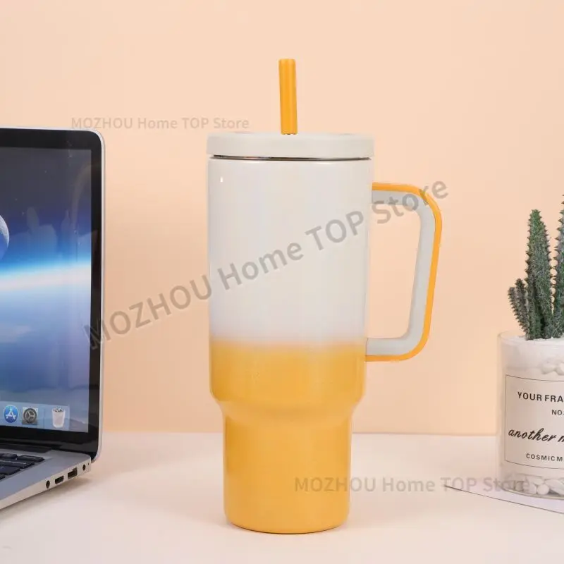 40oz gradient color car cup with handle, stainless steel large capacity straw insulation cup, car mounted ice cream water cup