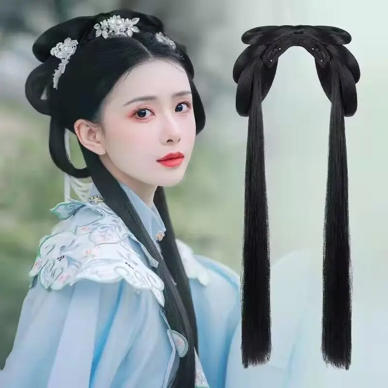 Anime Cosplay Hanfu Wigs Women Black Ancient Chinese Hanfu Wigs Headgear Accessories Hanfu Long Straight Wigs Black Wig Headband