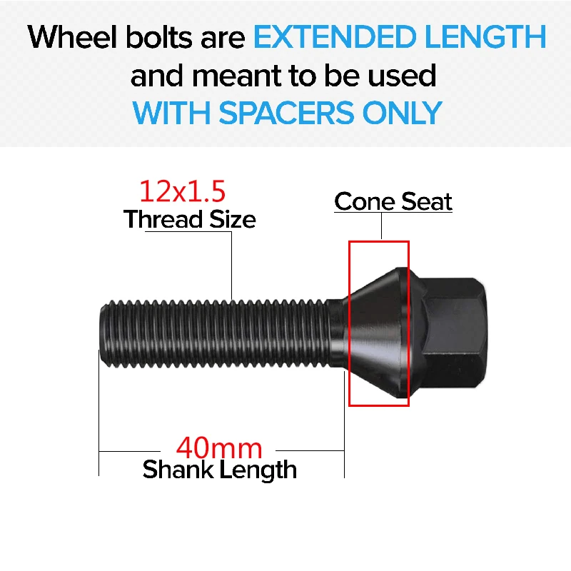 16PCS Silver/Black Studs 12x1.5| 12x1.25| 14x1.5| 14x1.25 |40mm |45mm| 50mm| 55mm Cone Seat wheel bolts For BMW