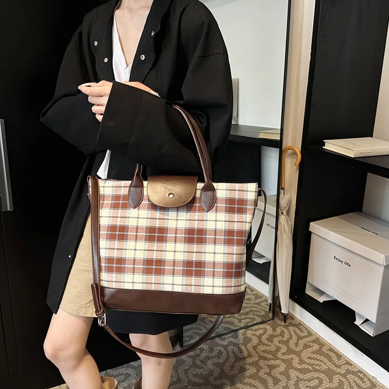 Casual Large-capacity Plaid Bag Women's 2024 New College Style Commuter Double Shoulder Back Bag Single Shoulder Tote Bag