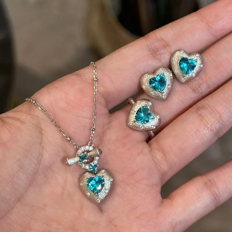 

Chic 18K White Gold Color Paraiba Heart Cut Rigato Jewelry Set Blue Tourmaline Ear Studs/Charm Necklaces/Ring Women Fine Gifts