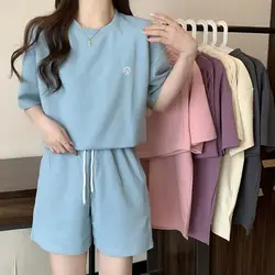 Women Tracksuit Summer Solid T-Shirt Shorts Matching Outfit Casual 2 Piece Sets Loose High Waist Short Pants O-Neck Simple Suit