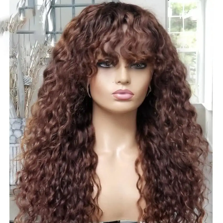 26 Long Machine Natural Brown Kinky Curly 180Density With Bangs For Women Babyhair Preplucked Heat Resistant Glueless Daily Wig