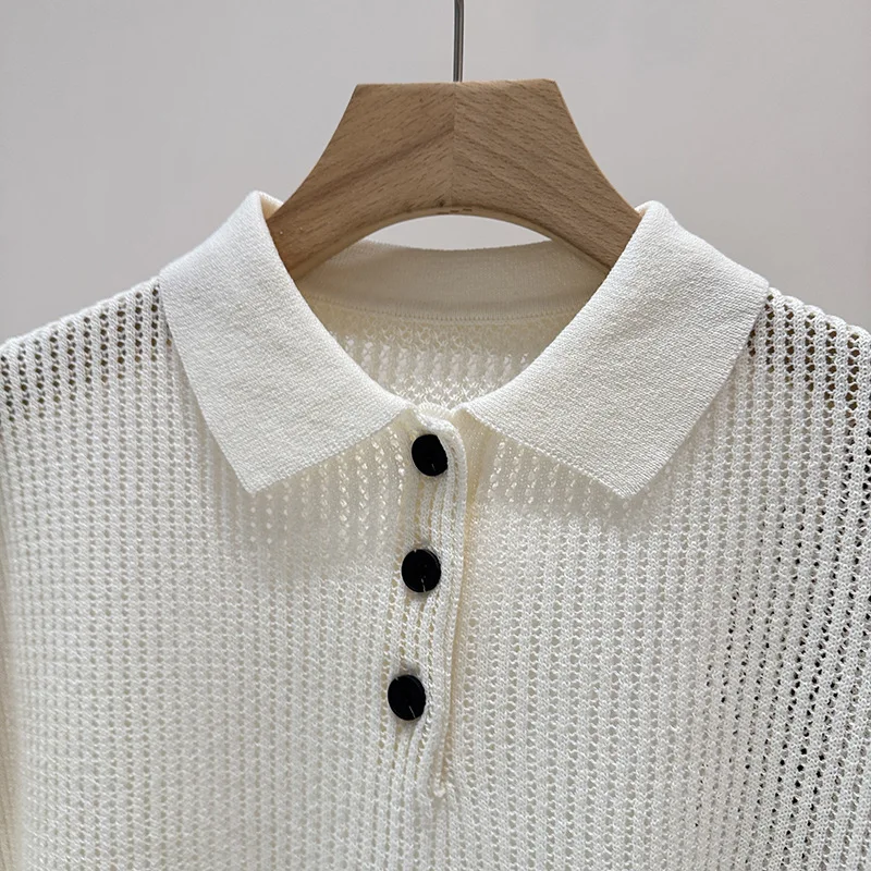 

2026 Linen Openwork Knit Sweater, Collared Short-Sleeve Polo Shirt, Breathable Summer Top