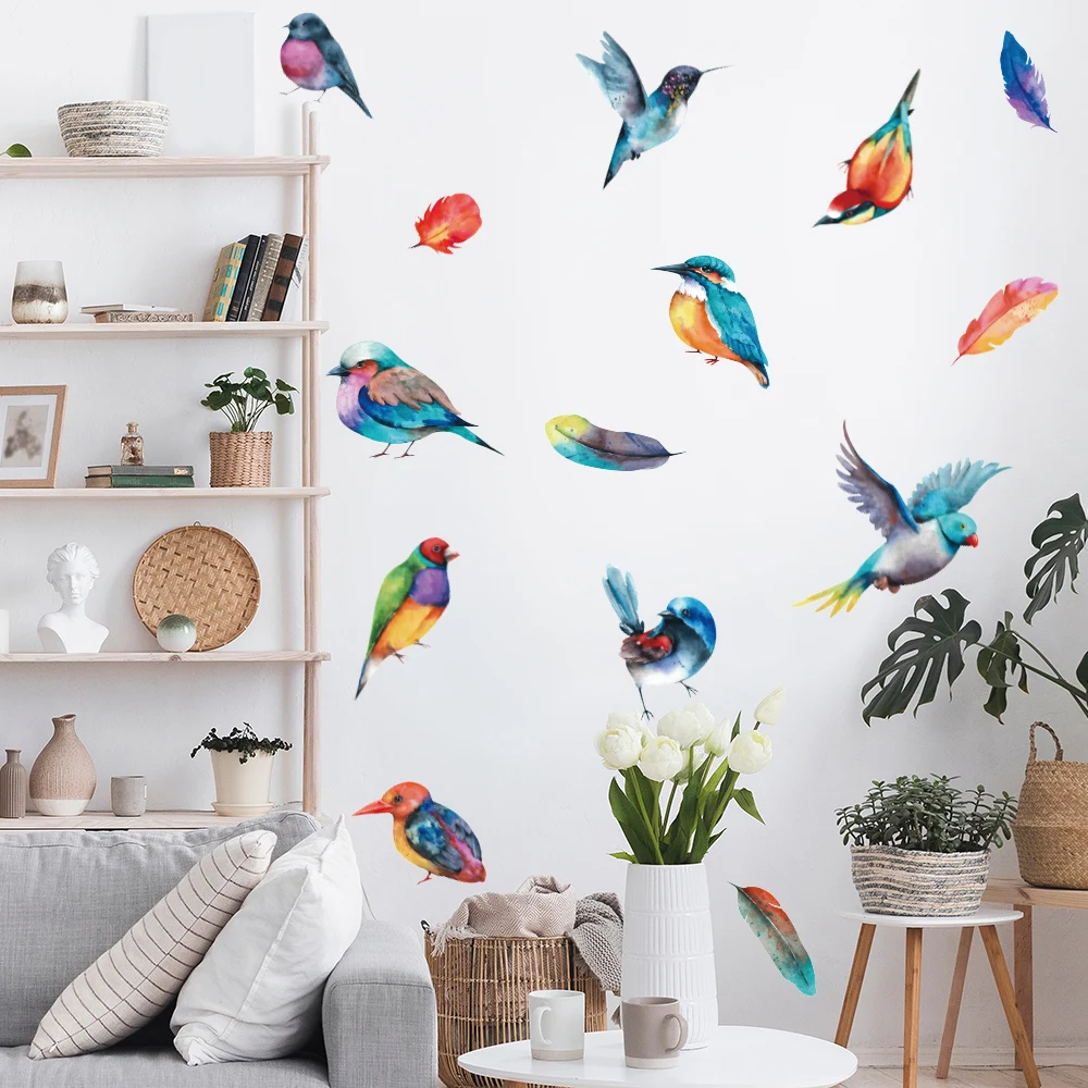 Colorful Birds Feather Removable Wall Stickers for Home Decor Art Self-adhesive Window Tile Cupboard Decals PVC Mural DIY Poster view 3
