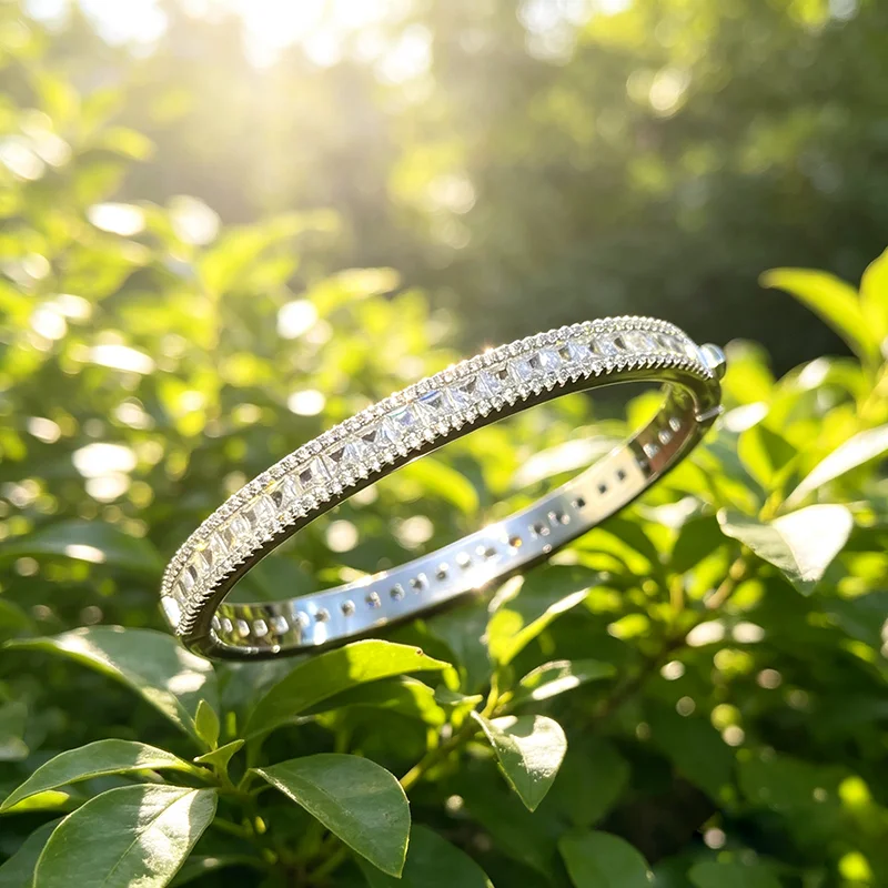 For Women Pure 925 Sterling Silver Gold Bangle with Diamond Wedding Jewelry Rivet Bangle Fashionable Top Bracelet