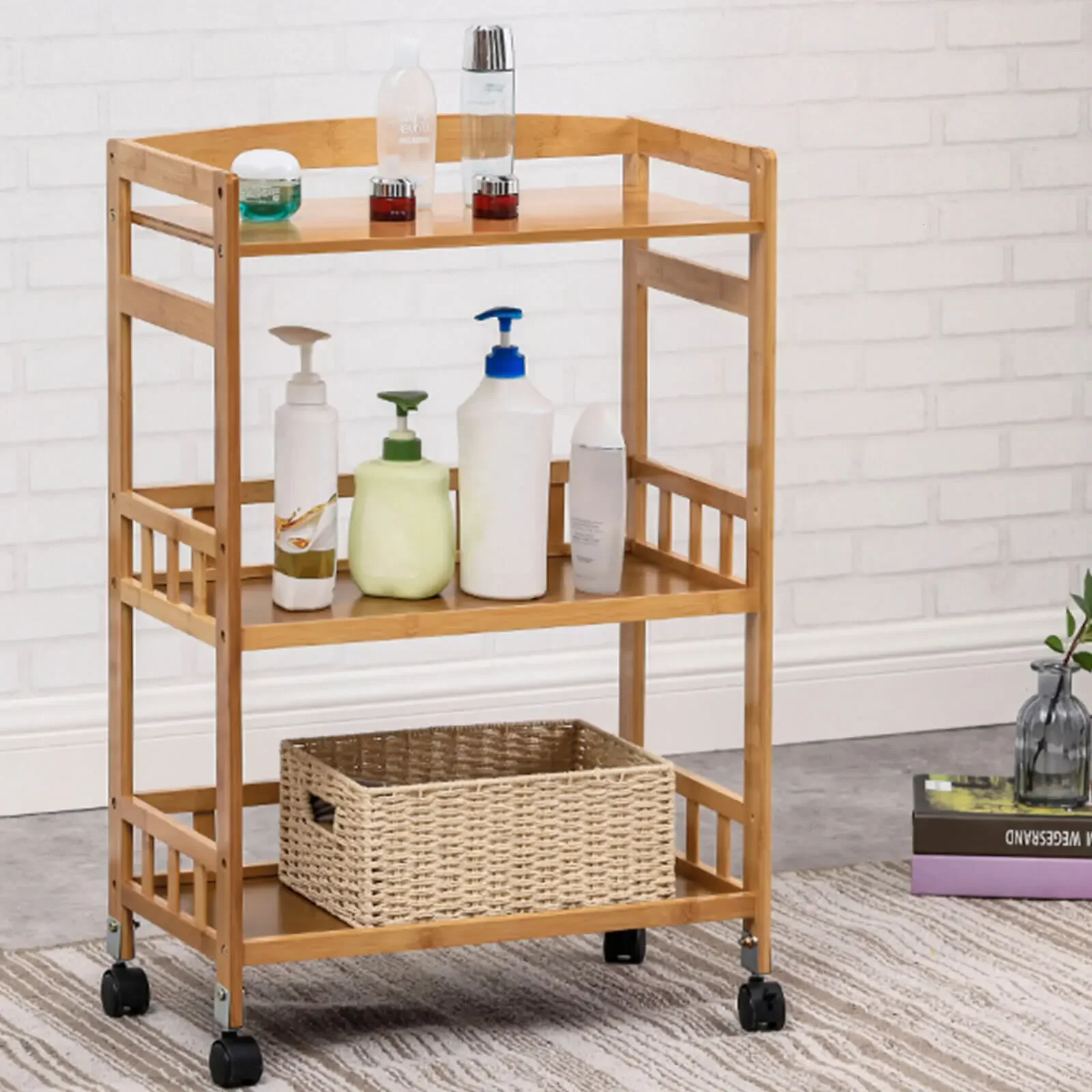 

3-Tier Floor Standing Rolling Kitchen Cart – Mobile Serving Cart with Wood Color for Home & Salon